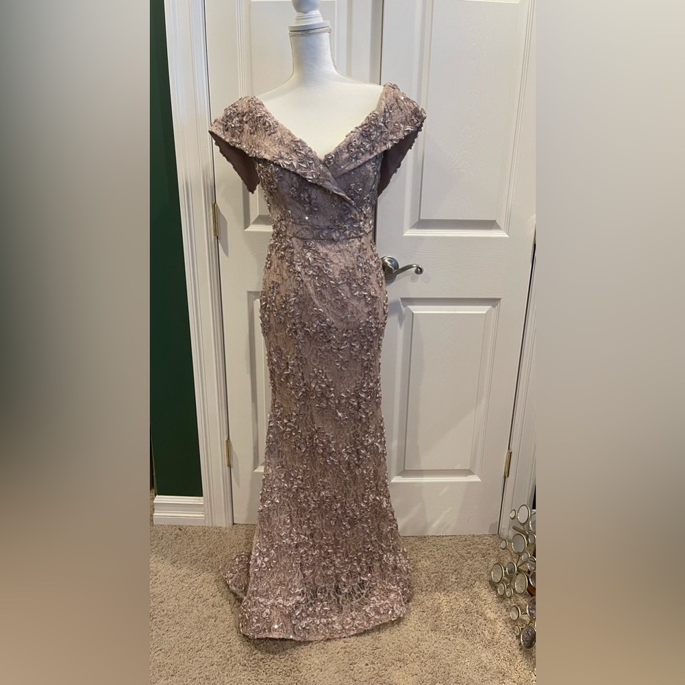 Xscape taupe color soutache evening gown - 6 petite